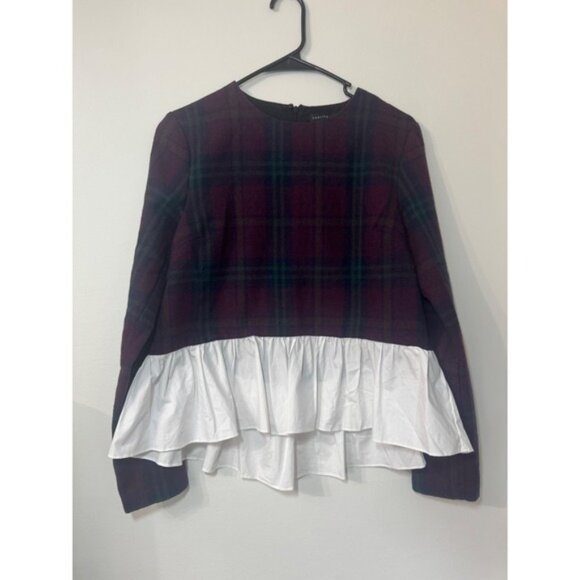 English Factory Plaid Peplum Top Long Sleeve Ruffle Hem Blouse Size Small - Picture 1 of 6